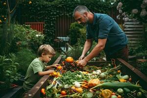 Father and son  composting food waste in backyard compost bin garden ,Generative AI photo