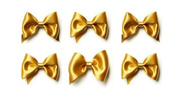 Set of decorative golden bows with horizontal yellow ribbon isolated on white background. Generative Ai photo