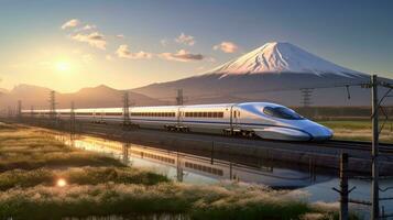 Shinkansen or Bullet train run pass through Mountain Fuji and Shibazakura at spring. Shinkansen in japan. Generetive Ai photo