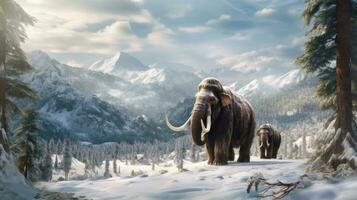 A trio of woolly mammoths trudges over snow covered hills. Behind them, mountains with snow covered peaks rise above dark green forests of fir trees. elephant mammoth. Generative Ai photo