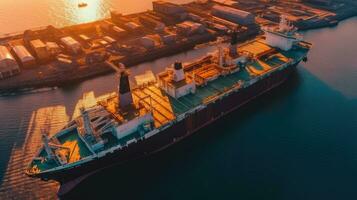 Aerial view of tanker ship vessel unloading at port, Business import export oil and gas petrochemical with tanker ship transportation oil from dock refinery. Generative Ai photo