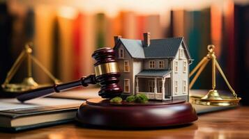 Judge auction and real estate concept. House model, gavel and law books. Law of real estate concept. Generative Ai photo