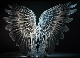 a close up of a white angel wings on a black background. generative ai. photo