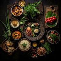 Assorted various Thailand food on a dark rustic background,Generative AI photo