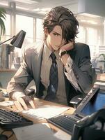 anime man in suit sitting at desk with laptop and papers. generative ai. photo