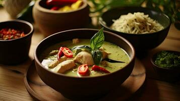 Thai food, Green curry chicken with coconut curry on the wooden floor background. Generative Ai photo