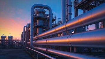 industria tubería transporte petroquímico, gas y petróleo Procesando, equipo acero tubería planta. generativo ai foto
