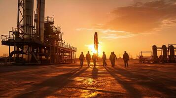 Team of oil workers walking out of oil rig on desert silhouette at sunset, power industry machines for producing petroleum gas. Generative Ai photo