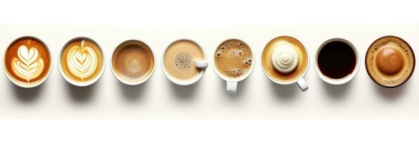 Top view, Set of paper take away cups of different black coffee isolated on white background. Generative ai photo