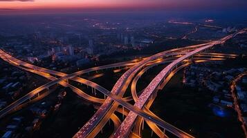 aéreo ver de Autopista, la carretera tráfico un importante infraestructura de el capital. generativo ai foto