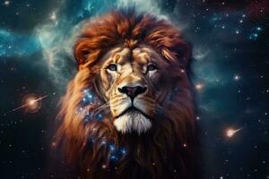 Astrology calendar. Leo magical zodiac sign astrology. Esoteric horoscope and fortune telling concept. Leo zodiac in universe. Generative AI photo