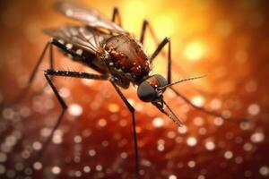 Aedes mosquito that carries dengue fever, Zika virus is sucking blood on a person's skin. Mosquitoes are carriers of dengue fever and malaria. Chikungunya, Mayaro, Yellow fever. Generative Ai photo