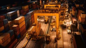 Aerial view of Crane lifting up container in container yard at sunset. Generative AI. photo