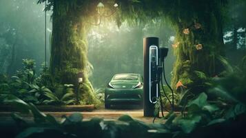 EV charging station for electric car in concept of green energy and eco power produced. Concept car innovation. Generative Ai photo