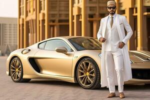 Successful Muslim handsome businessman in traditional white kandoor with super car  in the background. Successful Saudi, Emirati, Arab businessman ,Generative AI . photo