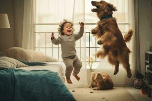 pequeño chico jugando con perro a hogar. ,generativo ai. foto