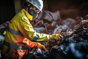 A worker in safety gear sorting through a pile of recyclable materials for environmental sustainability ,Generative AI photo