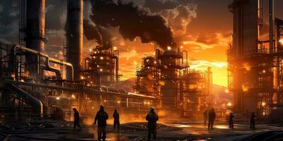 Chemical industry plant - workers in work clothes in a refinery with pipes and machinery ,  Generative AI . photo