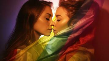 lgbtq Pareja , orgullo mes arco iris bandera colores, generativo ai foto