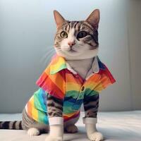 A cat wearing rainbow flag colors and fluttering a rainbow cape ,generative AI. photo