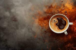Cup of coffee latte tree shape and coffee beans on old wooden background ,Generative AI photo