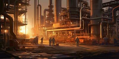 Chemical industry plant - workers in work clothes in a refinery with pipes and machinery ,  Generative AI . photo