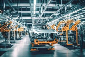 Robotic arms in a car plant at line  factory , Generative AI . photo