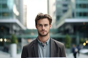 American Young businesman with laptop , tall building background , Generative AI. photo