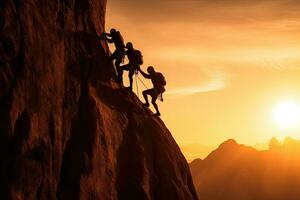 Teamwork climbing helping on top of cliff at sunset ,Generative AI photo