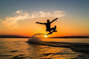 Silhouette of a man on a wakeboard taking off over. Generative AI. photo