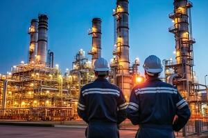 equipo industria ingeniero son trabajando y que se discute a frente petróleo y gas industrial fábrica, aceite refinería planta para industria , zumbido ver ,generativo ai . foto