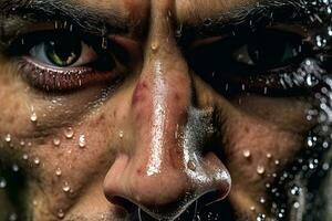 Close up professional athlete with  focus in his eyes and sweat pouring down.Generative AI. photo