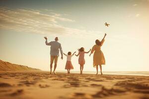 Family with outstretched enjoying the wind and breathing fresh air on the beach , Generative AI. photo