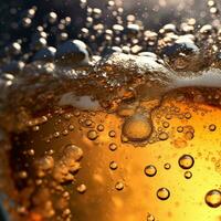 Close up background of beer with bubbles in beer. photo