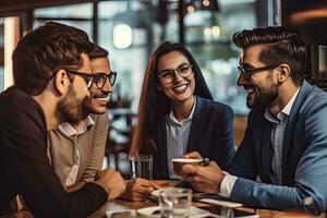 Happy businesspeople in informal meeting discussing new strategies at cafe ,Generative AI . photo