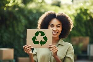 Happy woman holding paper with green recycling sign over natural background ,Generative AI photo