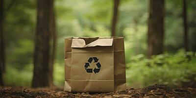 papel bolso con reciclaje símbolo en bosque antecedentes con Copiar espacio para texto ,generativo ai foto