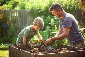 Father and son  composting food waste in backyard compost bin garden ,Generative AI photo