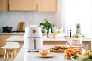 air fryer appliance is on white marble table in nice interior design kitchen dinning room of house. Generative Ai photo