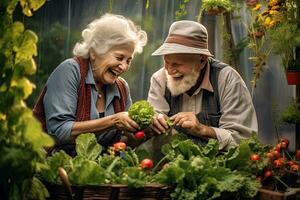 Happy senior couple retired , gardening , rewarding watch plants grow, Generative AI photo