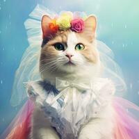 A cat wearing rainbow flag colors and fluttering a rainbow cape ,generative AI. photo