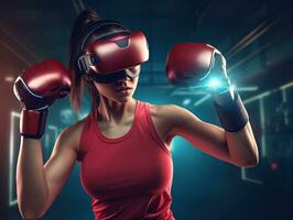 Young woman boxing exercise. Virtual reality simulation in digital VR games .Generative AI . photo