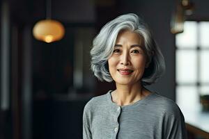 este asiático mujer en años 70, corto gris cabello, hogar antecedentes , generativo ai foto