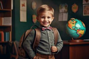 contento pequeño con mochila en salón de clases ,generativo ai foto