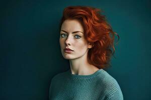 Red-haired woman in 30s, blue sweater, in studio ,Generative AI photo