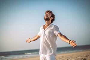 A man with arms out, eyes shut. he wind and breathing fresh air on the beach , Generative AI. photo