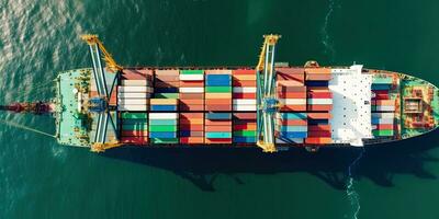 Top view. Container ship in the pier with crane bridge carries and physical system icons out export and import business in the open sea. Logistics and transportation , Generative AI . photo