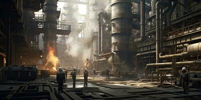 Chemical industry plant - workers in work clothes in a refinery with pipes and machinery ,  Generative AI . photo