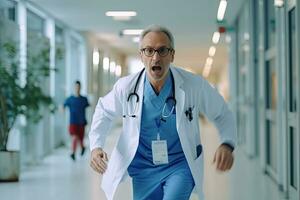 médico corriendo en hospital emergencia, paciente crisis o buscapersonas llamada en icu estrés, trauma fallar o diversidad hospital ,generativo ai. foto