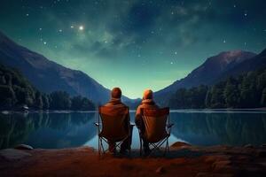 Couple sit-down look at the mountain lake , night sky ,Generative AI photo